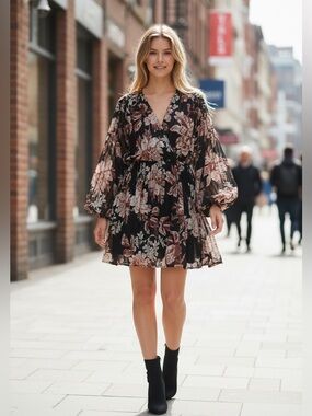 NWT ASOS DESIGN satin stripe blouson mini dress with ring detail in floral 8